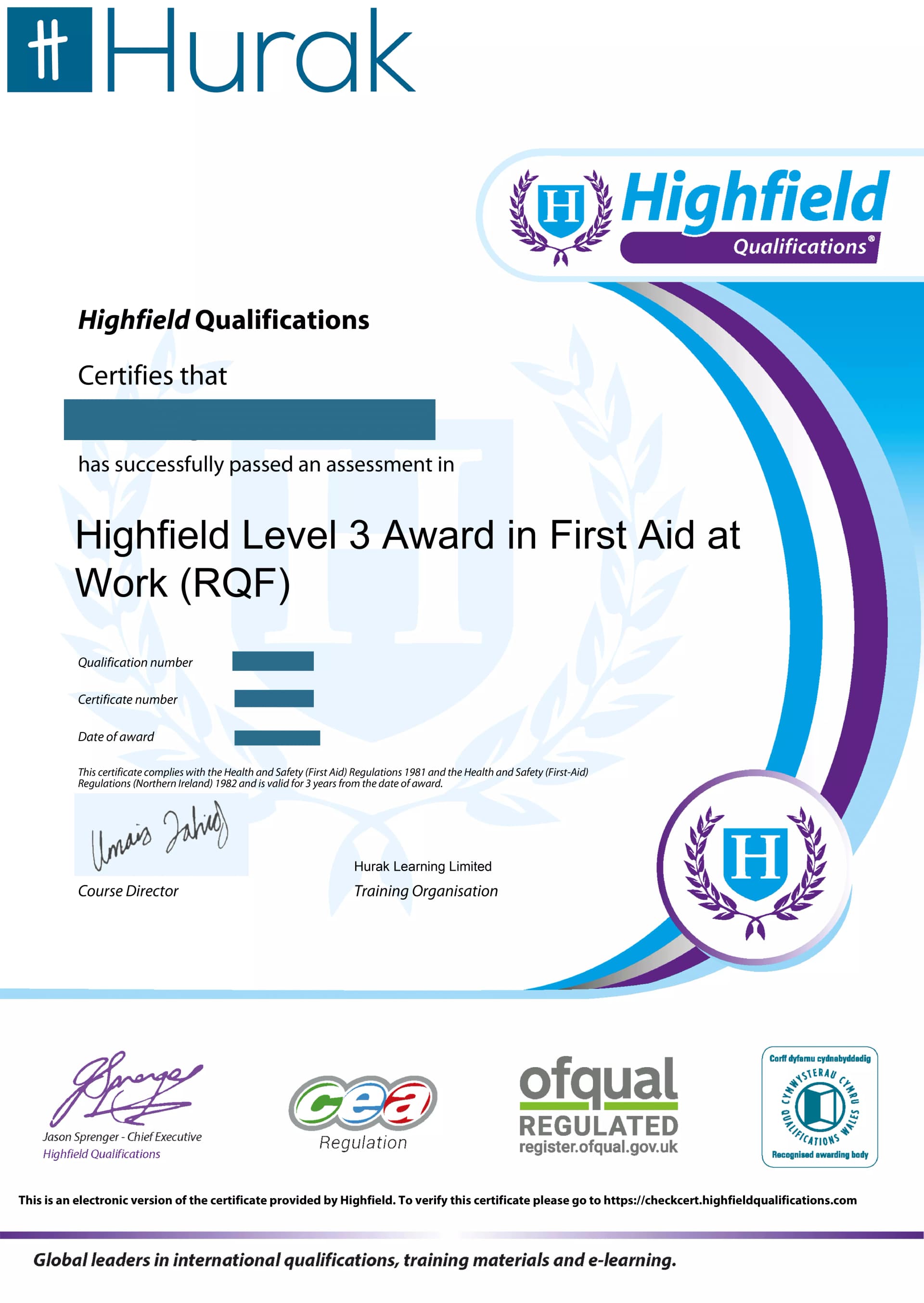 level 3 award in first aid at work certificate